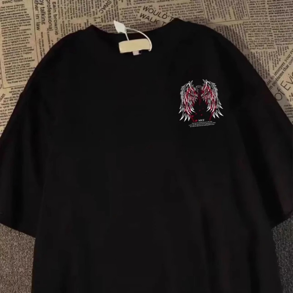 Camiseta estampada estilo retrô americano com asas, manga curta, gola redonda, 100% algodão, estilo casal solto de verão