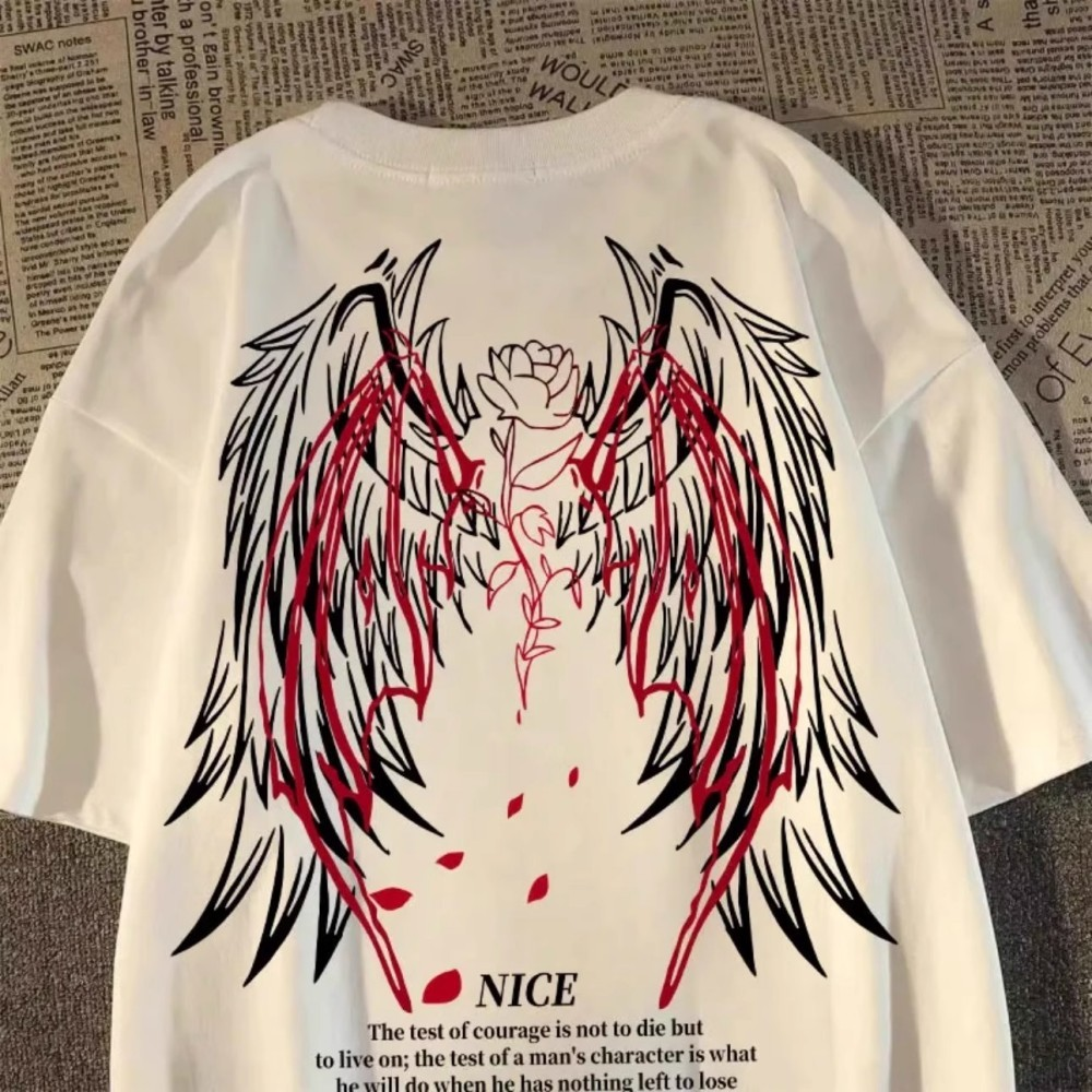 Camiseta estampada estilo retrô americano com asas, manga curta, gola redonda, 100% algodão, estilo casal solto de verão