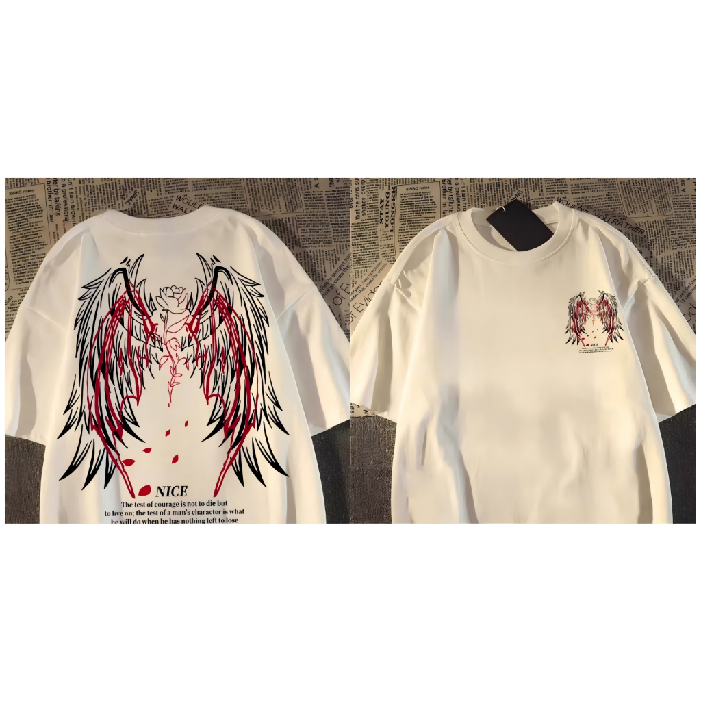 Camiseta estampada estilo retrô americano com asas, manga curta, gola redonda, 100% algodão, estilo casal solto de verão