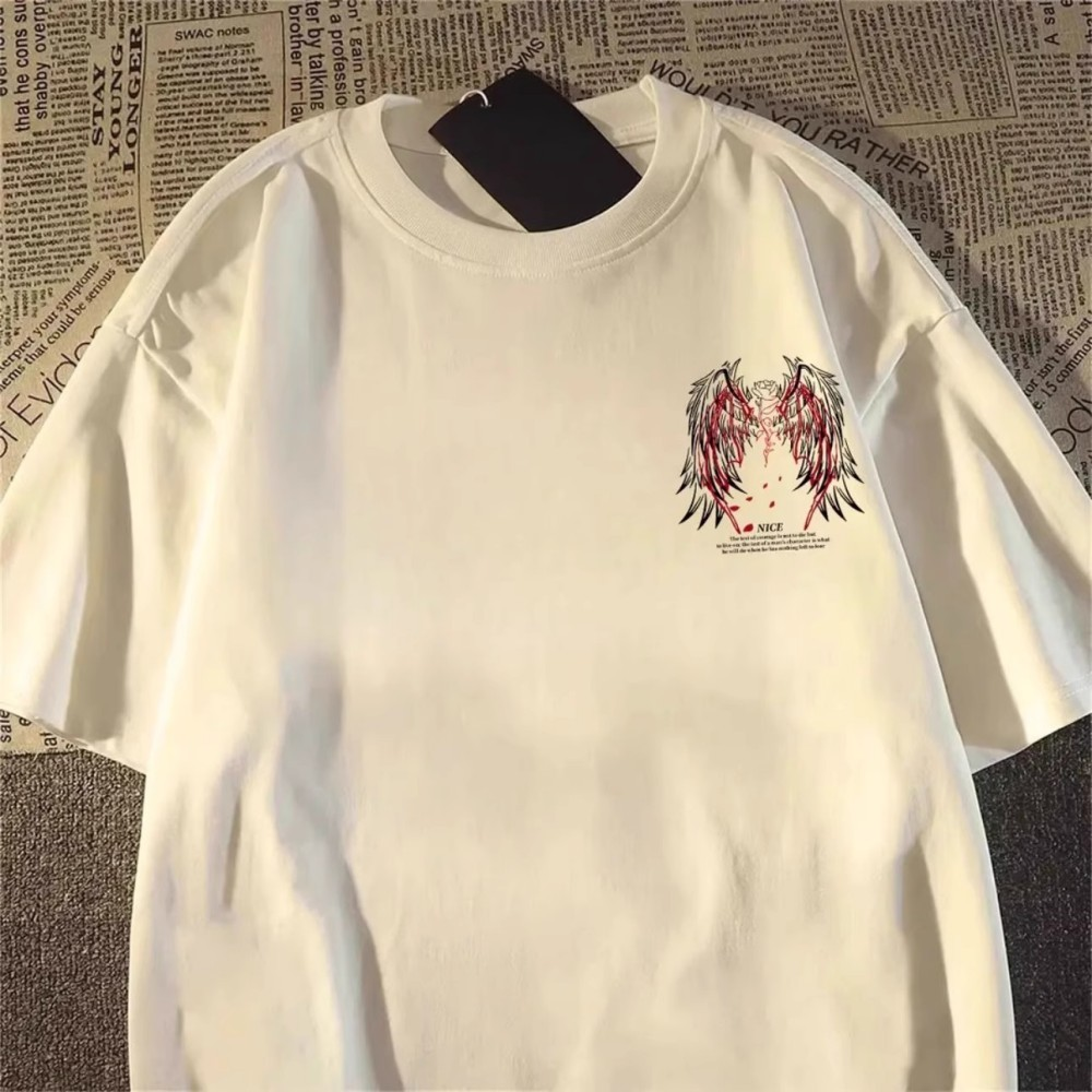 Camiseta estampada estilo retrô americano com asas, manga curta, gola redonda, 100% algodão, estilo casal solto de verão