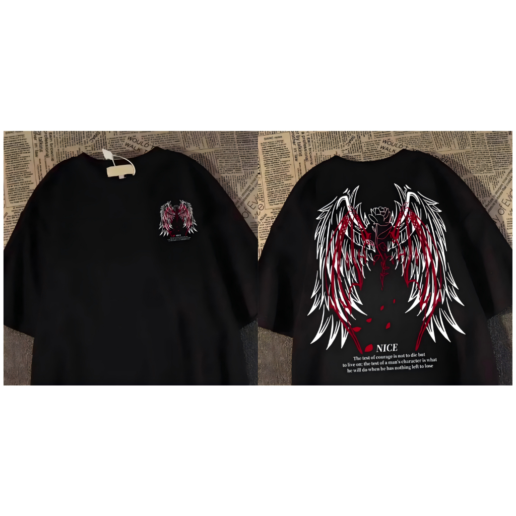 Camiseta estampada estilo retrô americano com asas, manga curta, gola redonda, 100% algodão, estilo casal solto de verão