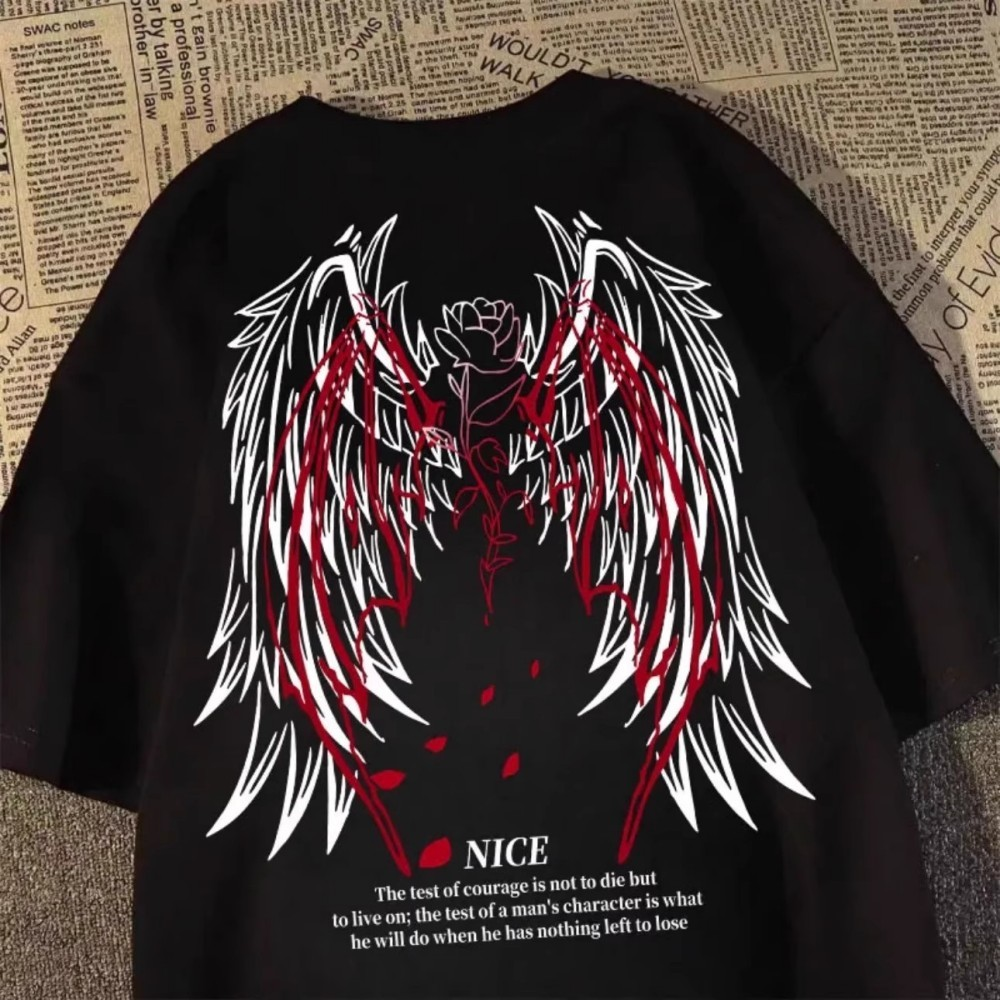 Camiseta estampada estilo retrô americano com asas, manga curta, gola redonda, 100% algodão, estilo casal solto de verão