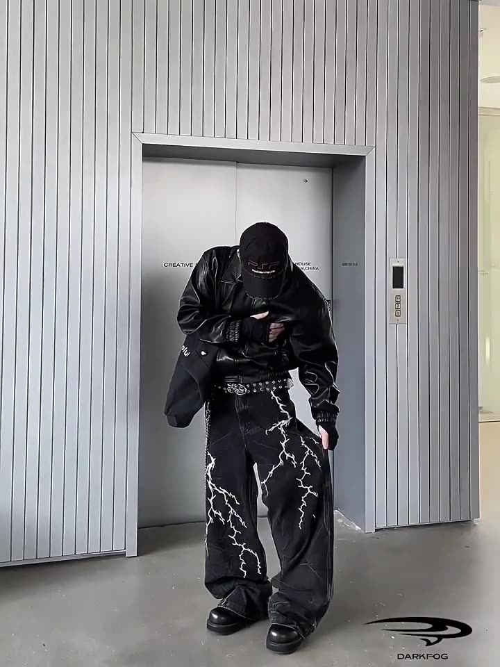 Calças Masculinas High Street Lightning Bordadas Com Pernas Largas Primavera Verão Soltas Jeans Pretos Americanos