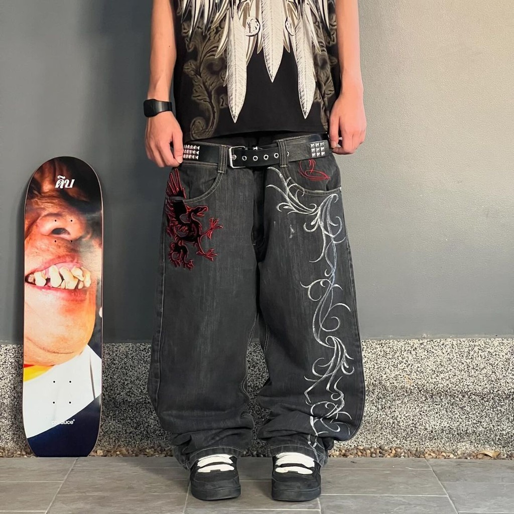 Y2k Mulher Harajuku Fashion Trend Bordado Padrão Hip Hop Vintage Street Calças De Ganga De Perna Larga Reta Jeans
