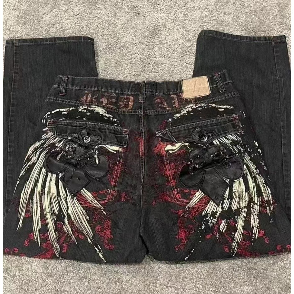 Y2k Mulher Harajuku Fashion Trend Bordado Padrão Hip Hop Vintage Street Calças De Ganga De Perna Larga Reta Jeans