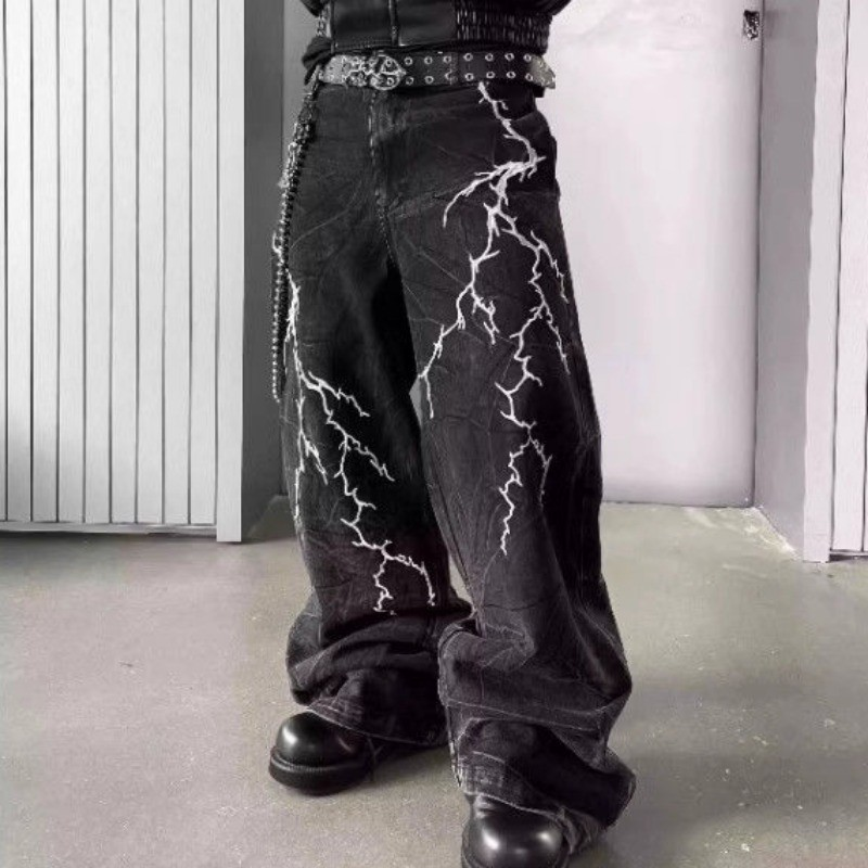 Calças Masculinas High Street Lightning Bordadas Com Pernas Largas Primavera Verão Soltas Jeans Pretos Americanos