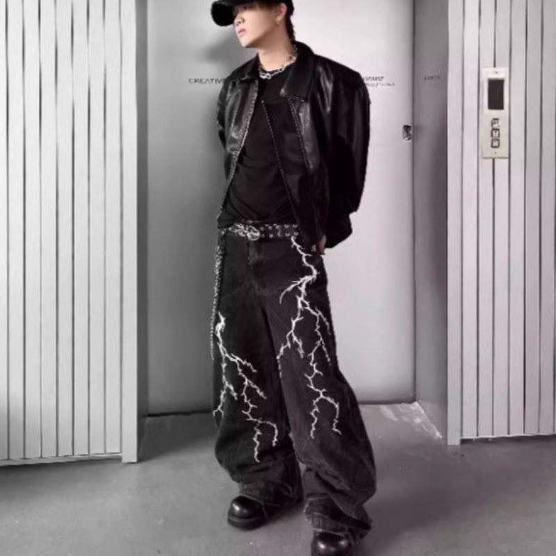 Calças Masculinas High Street Lightning Bordadas Com Pernas Largas Primavera Verão Soltas Jeans Pretos Americanos