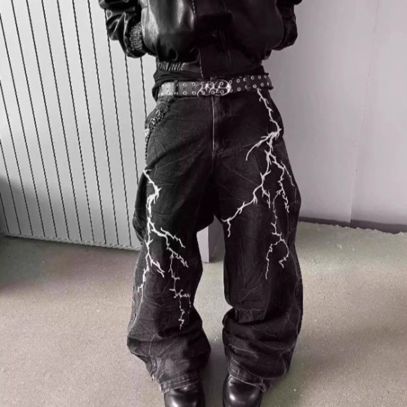 Calças Masculinas High Street Lightning Bordadas Com Pernas Largas Primavera Verão Soltas Jeans Pretos Americanos