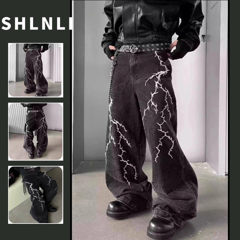 Calças Masculinas High Street Lightning Bordadas Com Pernas Largas Primavera Verão Soltas Jeans Pretos Americanos