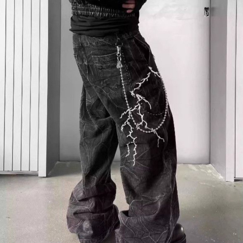 Calças Masculinas High Street Lightning Bordadas Com Pernas Largas Primavera Verão Soltas Jeans Pretos Americanos